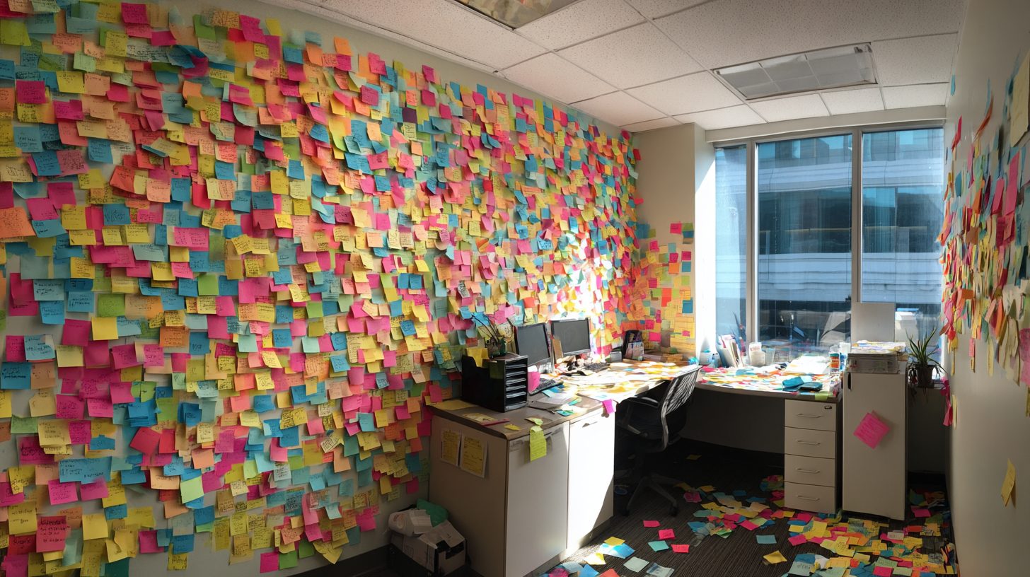 Mur d'atelier couvert de post-it pendant une formation agile